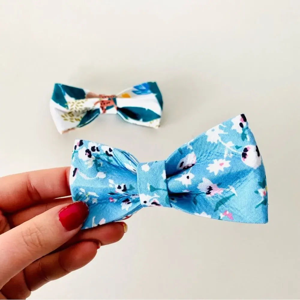 2 NEW HANDMADE Blue White Floral Green Tropic Dog Cat Pet Collar Elastic Bow Tie